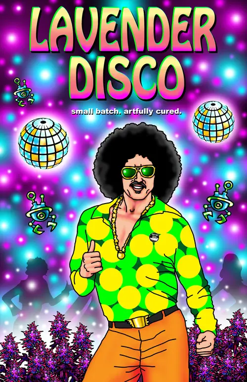Lavender Disco. A man wearing disco attire dances surrounded by lights and disco balls.