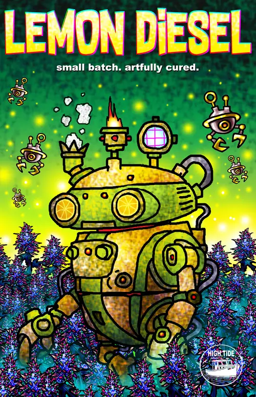 Lemon Diesel. A lemon-themed steam-powered robot strides through fields of cannabis.