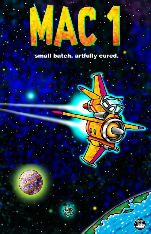 Mac 1. An orange spaceship flies through space.