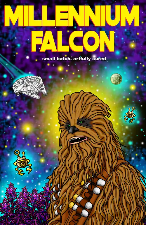 Millennium Falcon. The Millennium Falcon flies in the starry sky behind Chewbacca the Wookie.