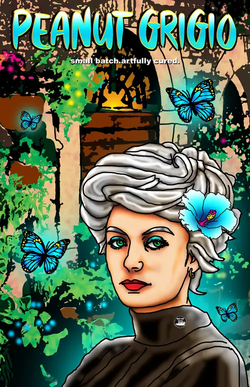 Peanut Grigio. A woman wearing a blue flower in her white hair is surrounded by butterflies in a garden.