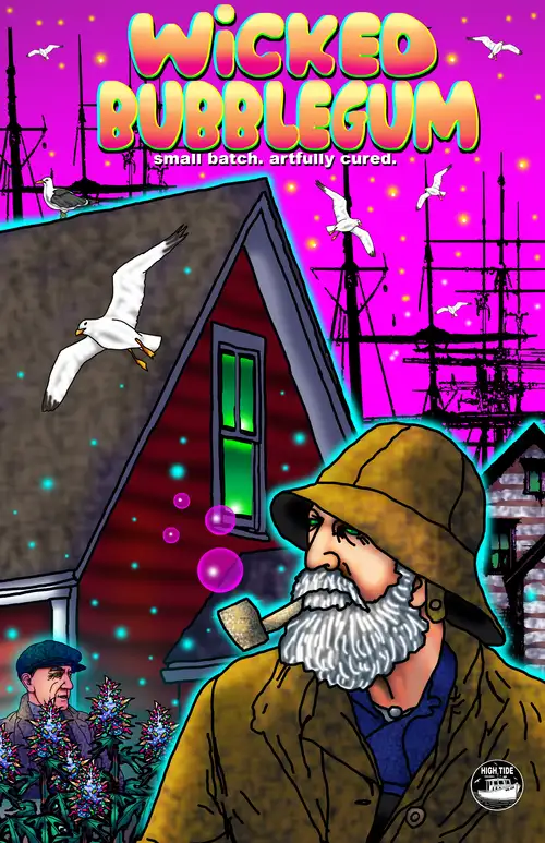 A bearded man wearing a bucket hat blows pink bubbles from a pipe.